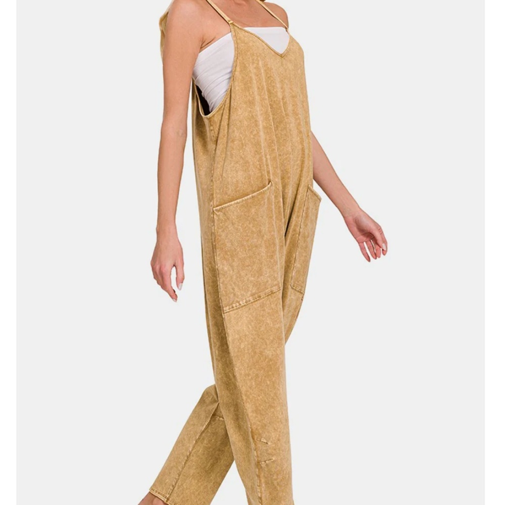 Zenana Spaghetti Strap Jumpsuit with Pockets in Camel w/zipper in back